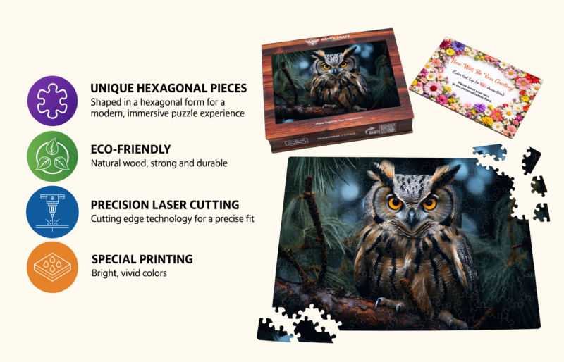 Wooden owl jigsaw puzzle with hexagonal pieces, eco-friendly materials, laser-cut precision, vivid printing, puzzle box, assembled puzzle, loose pieces, and a personalized greeting card.