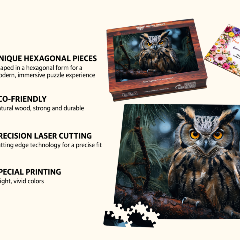 Wooden owl jigsaw puzzle with hexagonal pieces, eco-friendly materials, laser-cut precision, vivid printing, puzzle box, assembled puzzle, loose pieces, and a personalized greeting card.