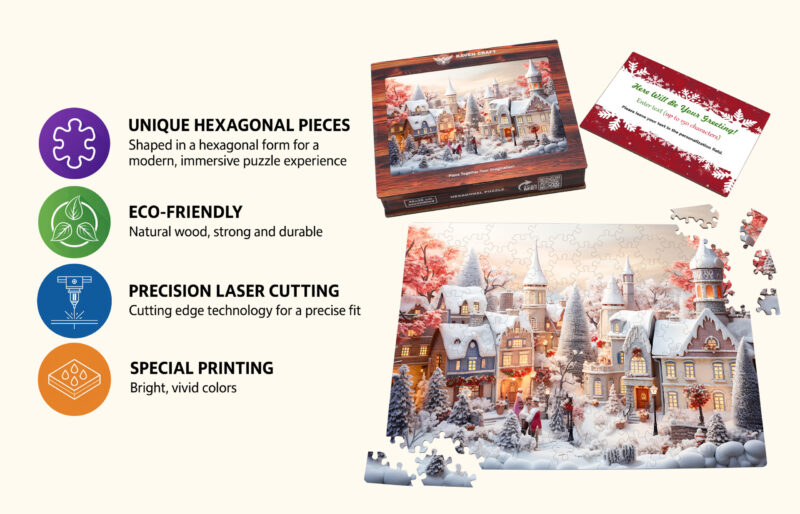 Wooden hexagon puzzle with a winter village scene, showing eco-friendly materials, precision laser cutting, vivid printing, gift box, and a personalized greeting card.