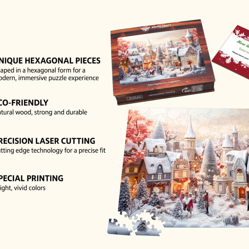 Wooden hexagon puzzle with a winter village scene, showing eco-friendly materials, precision laser cutting, vivid printing, gift box, and a personalized greeting card.