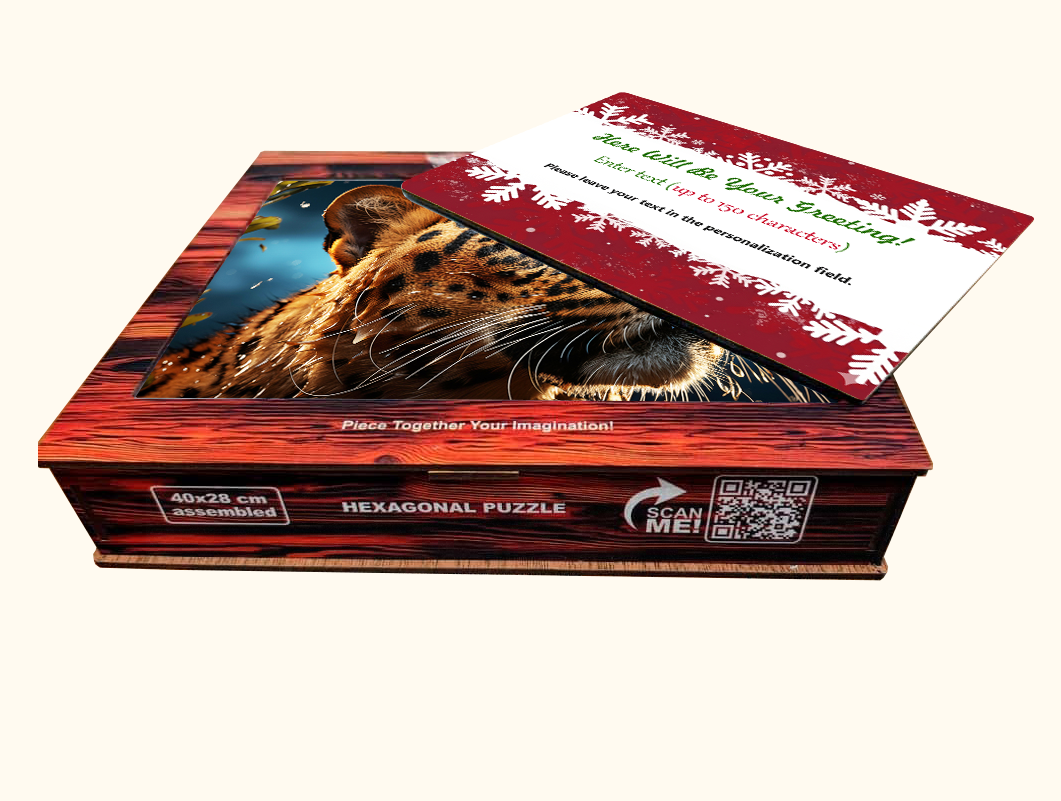 Wooden hexagonal leopard puzzle gift box with vivid artwork and a personalized greeting card placed on top.