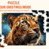 Leopard puzzle with a personalized greeting message highlighted above the artwork