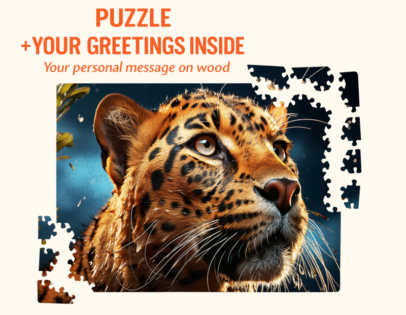 Leopard puzzle with a personalized greeting message highlighted above the artwork