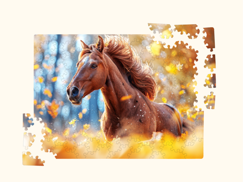 Horse jigsaw puzzle with a few loose pieces around the edges