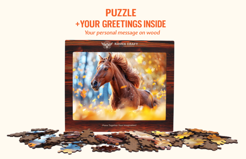 Horse puzzle gift set with display box, scattered puzzle pieces, and personalized greeting message text above
