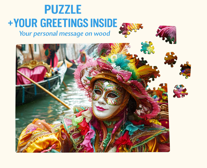 Carnival mask puzzle with a personalized greeting message highlighted above the artwork