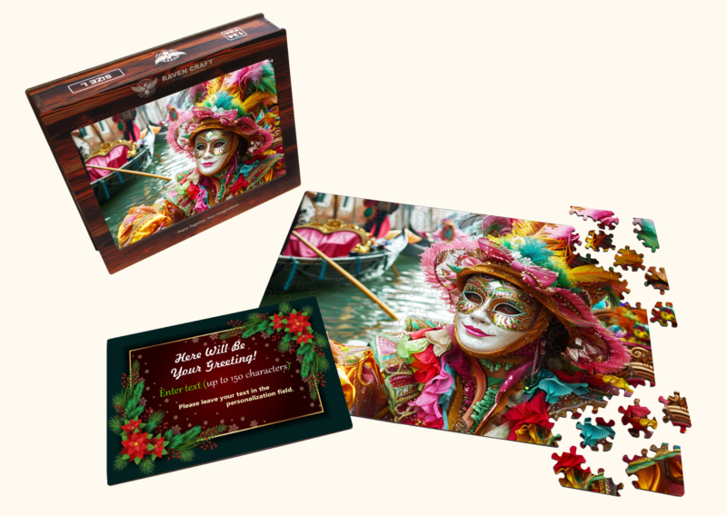 Carnival mask puzzle gift set with display box, greeting card, and loose puzzle pieces