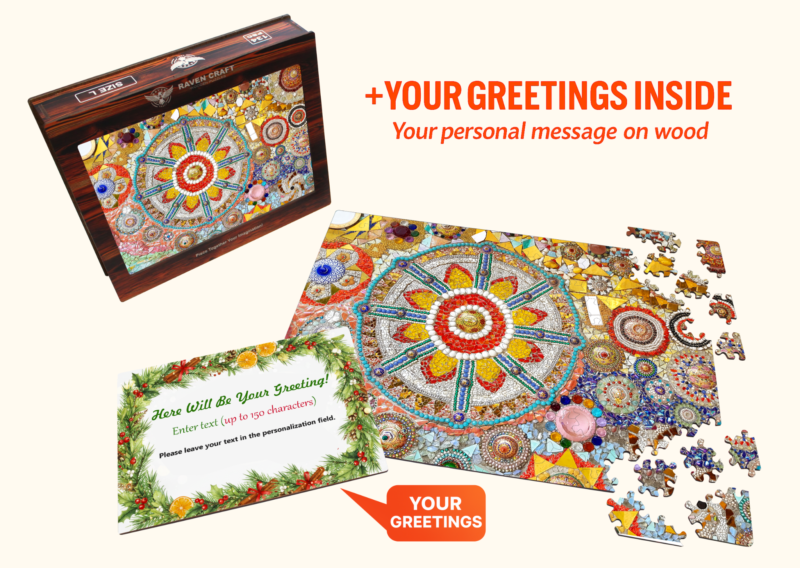 Mandala puzzle gift set with display box, greeting card, and loose puzzle pieces