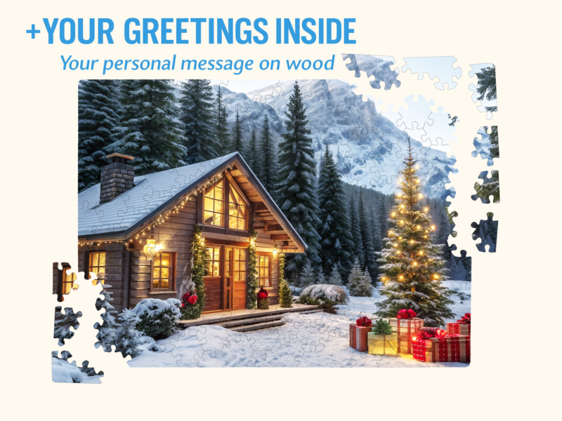 Winter cabin puzzle with a personalized greeting message highlighted above the artwork