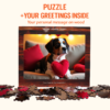 Dog puzzle gift set with display box, scattered puzzle pieces, and personalized greeting message text above