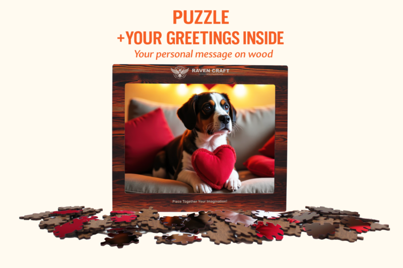 Dog puzzle gift set with display box, scattered puzzle pieces, and personalized greeting message text above