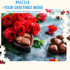 Roses and chocolate puzzle with a personalized greeting message highlighted above the artwork