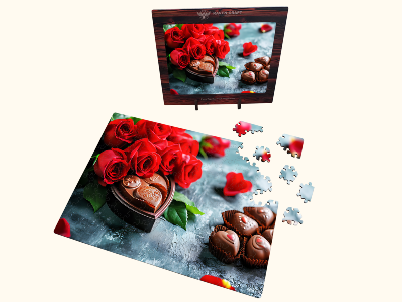 Roses and chocolate puzzle with loose pieces and a matching display box on a stand