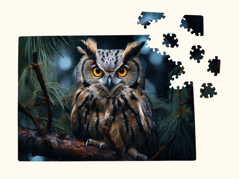 Owl jigsaw puzzle with several loose pieces on the right