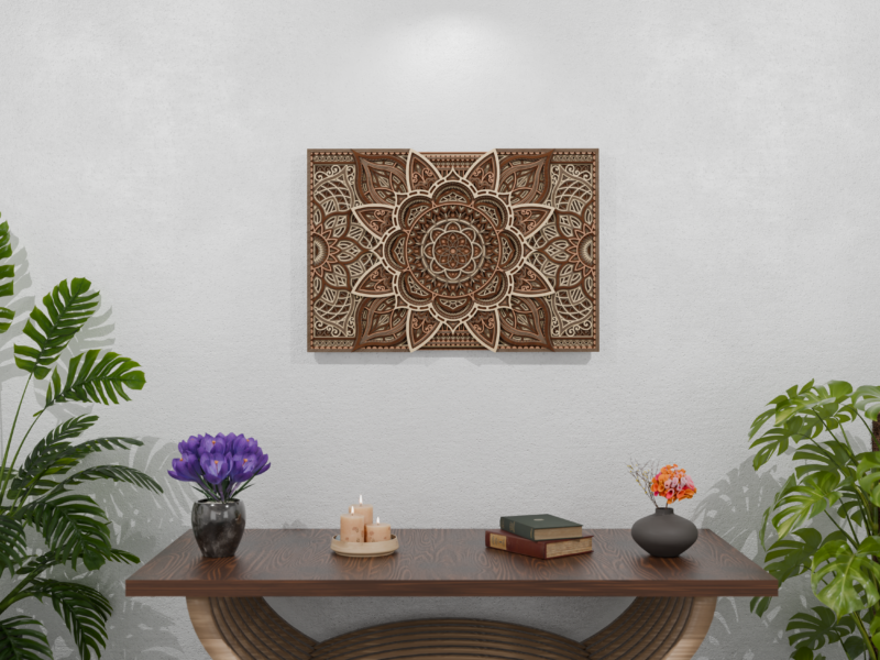 Multi-layer wooden mandala wall art centered above table in modern interior
