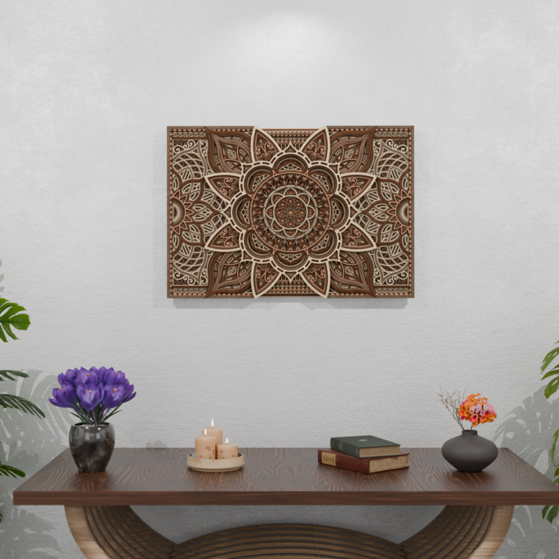 Multi-layer wooden mandala wall art centered above table in modern interior