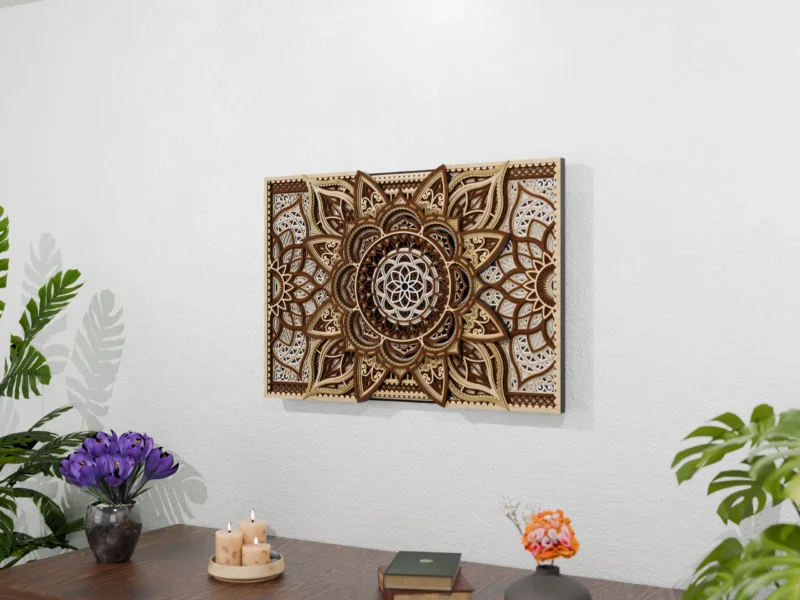 Multilayer wooden mandala wall art in natural wood tones mounted on a light textured wall above a wooden table with candles, books, flowers, and tropical plants.