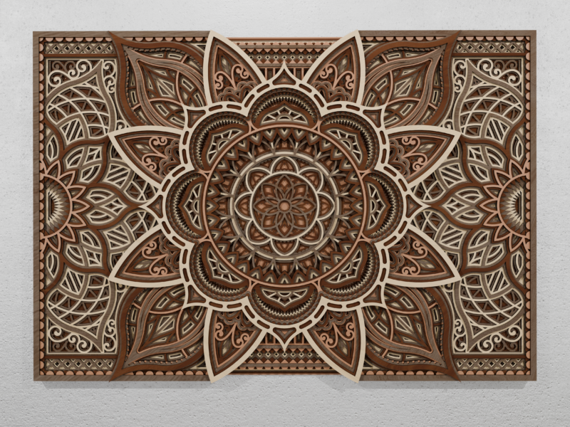 Multi-layer wooden mandala wall art with intricate laser cut 3D layered design