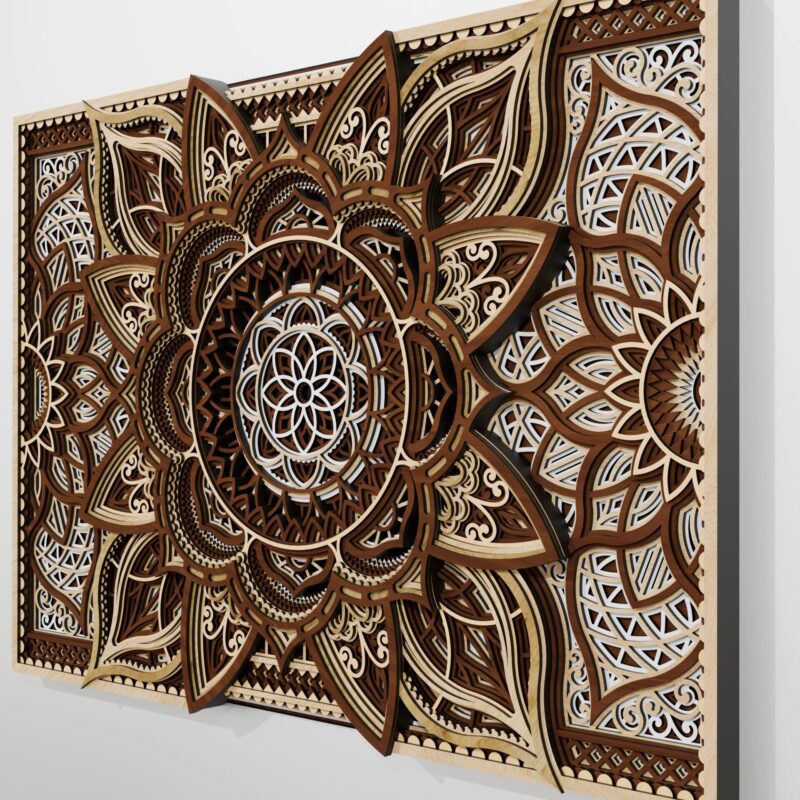 Close-up angled view of a multilayer wooden mandala wall art piece in natural wood tones, showing intricate carved details and layered depth against a light wall.