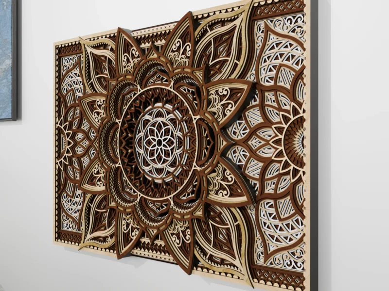 Close-up angled view of a multilayer wooden mandala wall art piece in natural wood tones, showing intricate carved details and layered depth against a light wall.