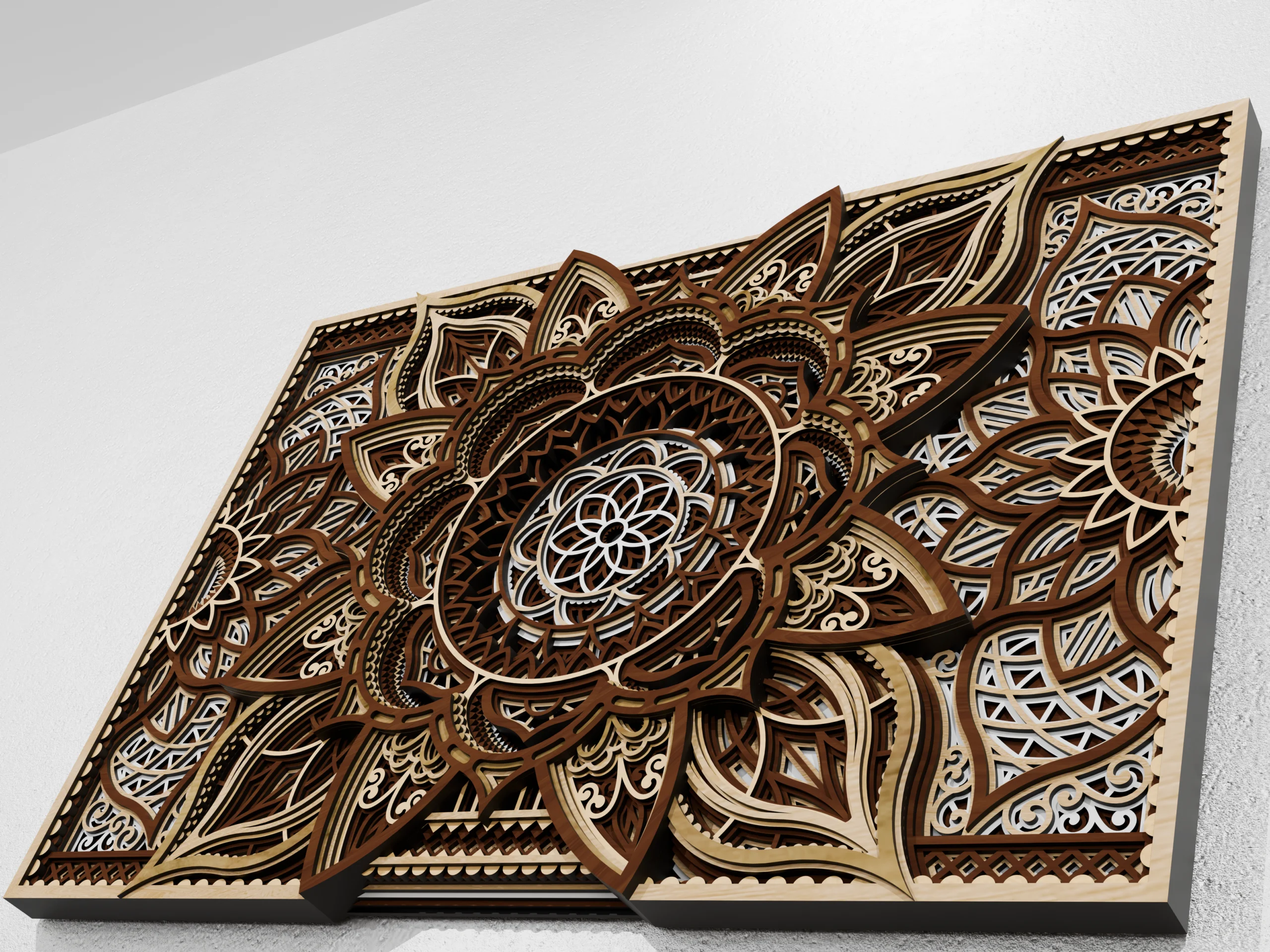 Low-angle close-up of multilayer wooden mandala wall art in natural wood tones, highlighting intricate cutwork and pronounced layered depth on a light textured wall.