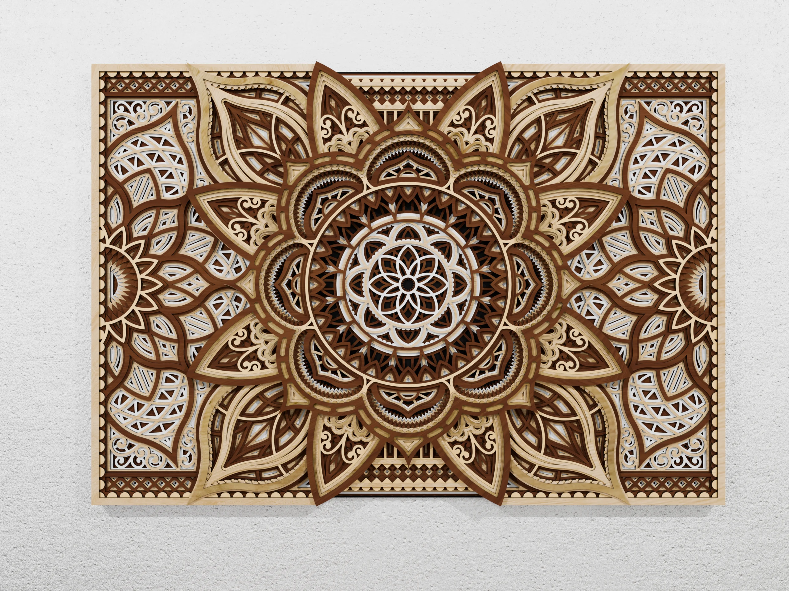 Front view of multilayer wooden mandala wall art in natural wood tones, featuring an intricate floral and geometric pattern on a light textured wall.