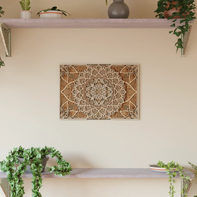 Multilayer wooden mandala wall decor in natural wood and black tones displayed on a light wall between two shelves with green plants