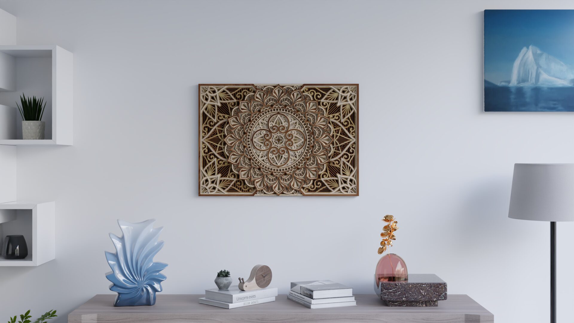 Multilayer wooden mandala wall art hanging above a console table in a modern living room