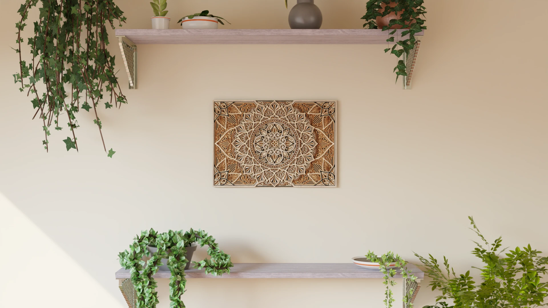 Multilayer wooden mandala wall decor in natural wood and black tones displayed on a light wall between two shelves with green plants
