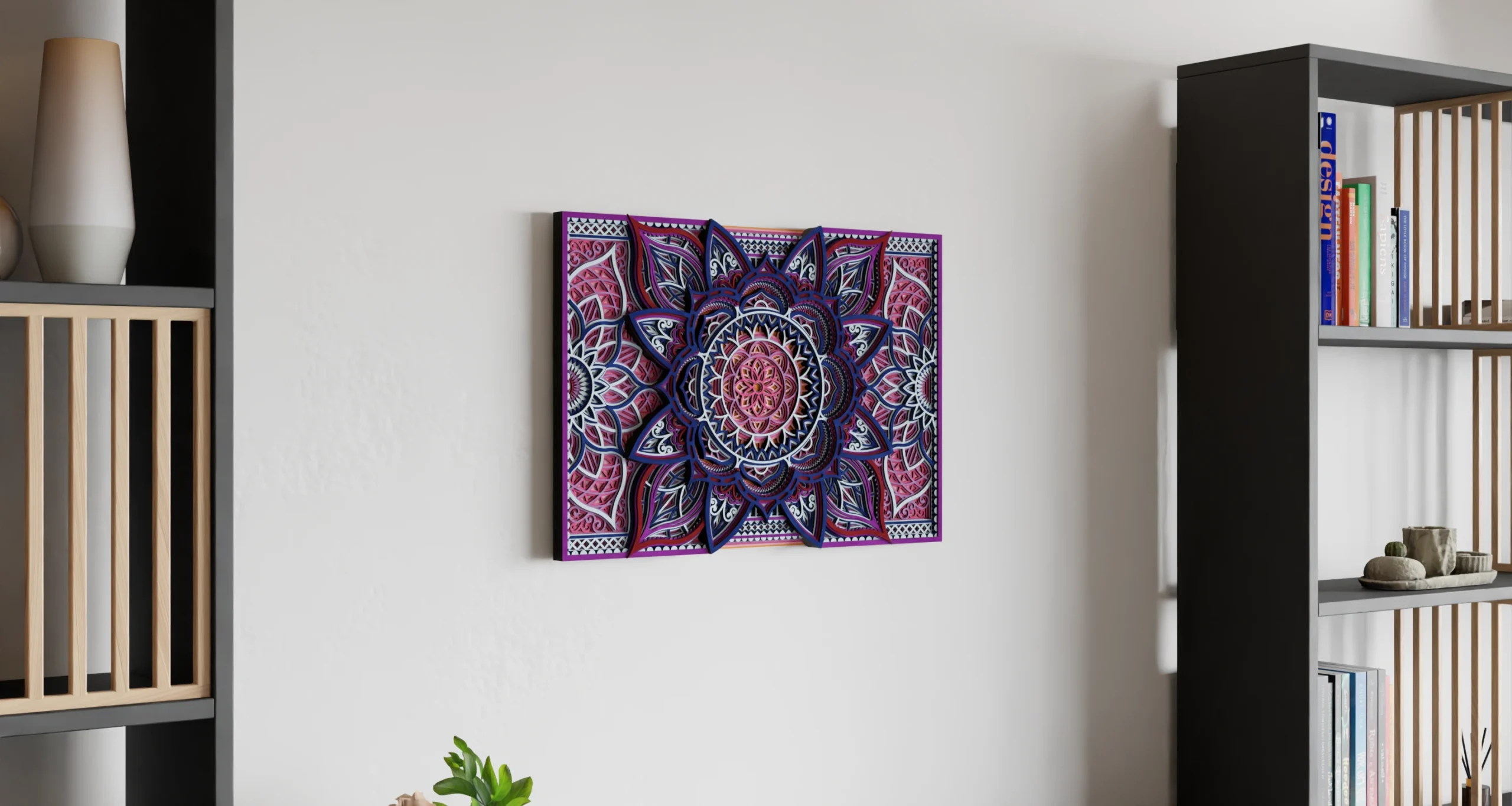 Multilayer Wooden Mandala wall art in pink, purple, navy, and white, featuring a detailed floral geometric design in a rectangular format, displayed on a light wall