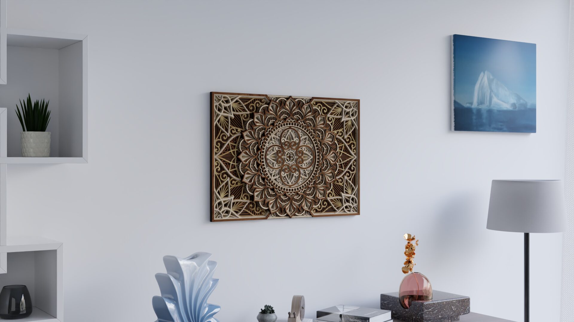 Angled view of a multilayer wooden mandala wall art piece displayed on a light wall in a modern living room