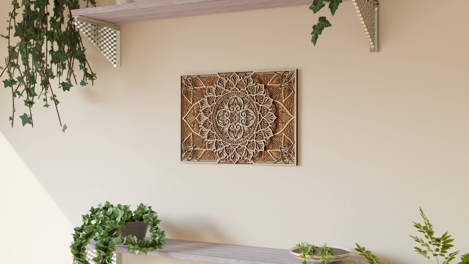 Multilayer wooden mandala wall decor in natural wood and black tones displayed on a light wall with shelf styling and green plants