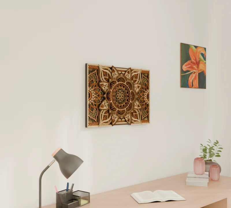 Multilayer Wooden Mandala with Geometric Lotus Pattern