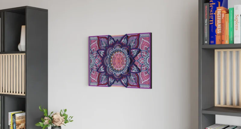 Rectangular multilayer wooden mandala wall art in pink, purple, navy, and white with a detailed floral geometric design displayed on a light wall
