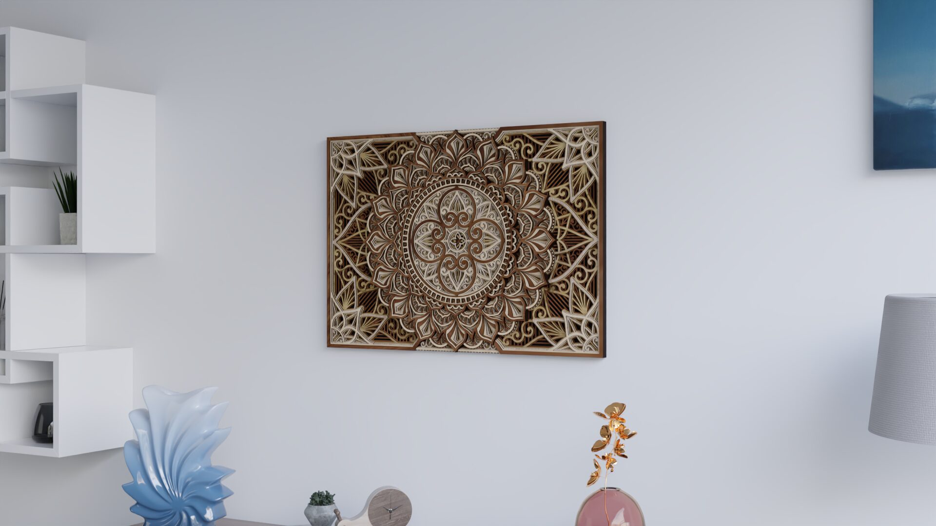 Front-facing view of a multilayer wooden mandala wall art piece displayed on a light wall in a modern living room
