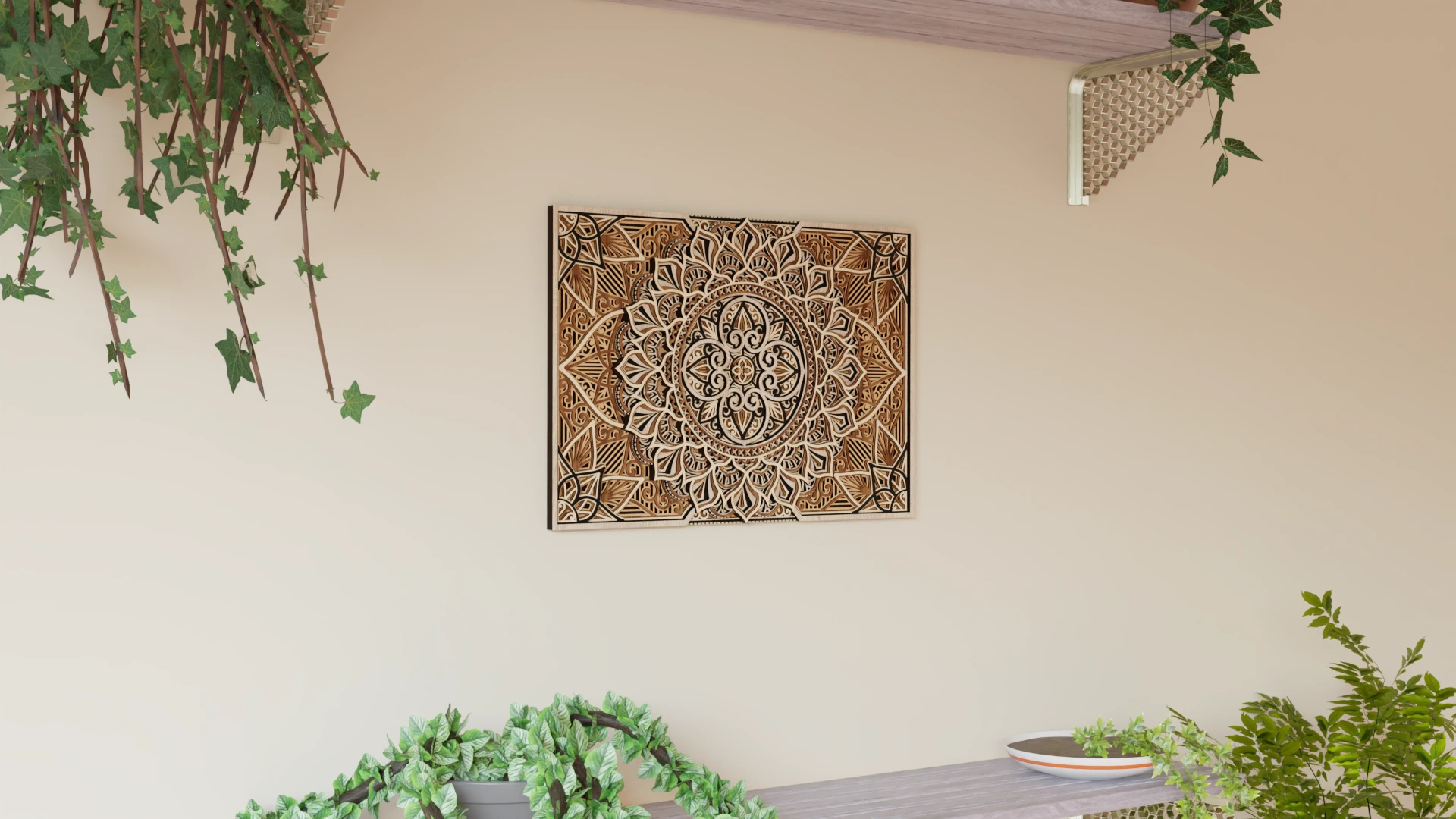 Multilayer wooden mandala wall decor in natural wood and black tones displayed on a light wall with surrounding greenery