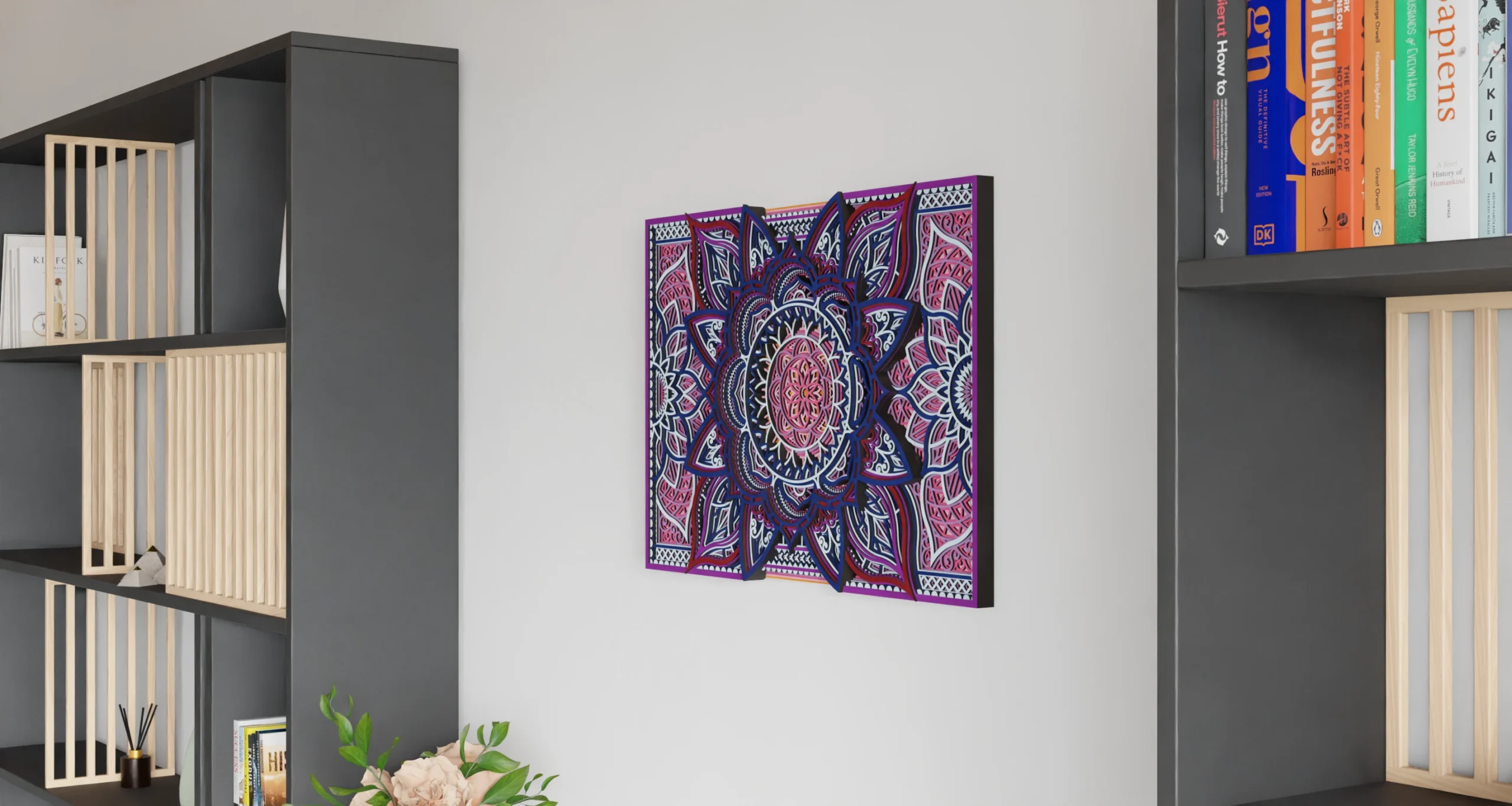 Rectangular multilayer wooden mandala wall art in pink, purple, navy, and white, shown at an angled view with an intricate floral geometric design and layered dimensional detail
