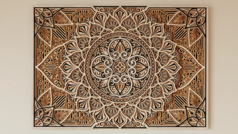 Front view of a multilayer wooden mandala wall decor in natural wood and black tones with detailed symmetrical carved layers
