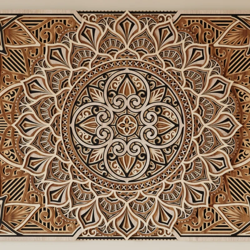 Front view of a multilayer wooden mandala wall decor in natural wood and black tones with detailed symmetrical carved layers