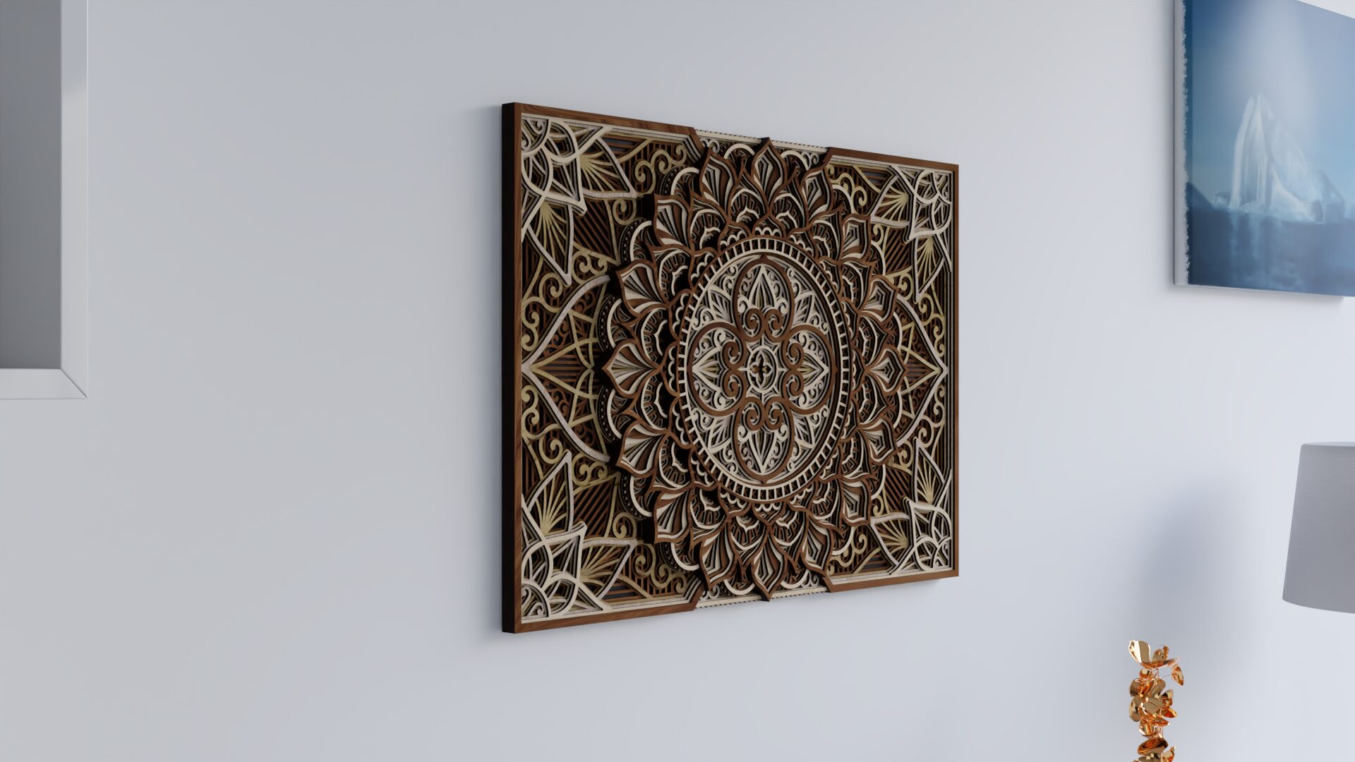 Close angled view of multilayer wooden mandala wall art mounted on a light wall in a modern interior