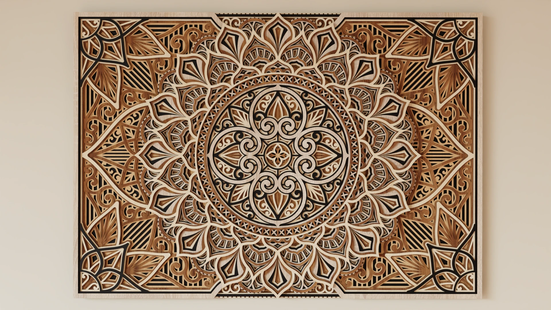 Front view of a multilayer wooden mandala wall decor in natural wood and black tones with detailed symmetrical carved layers