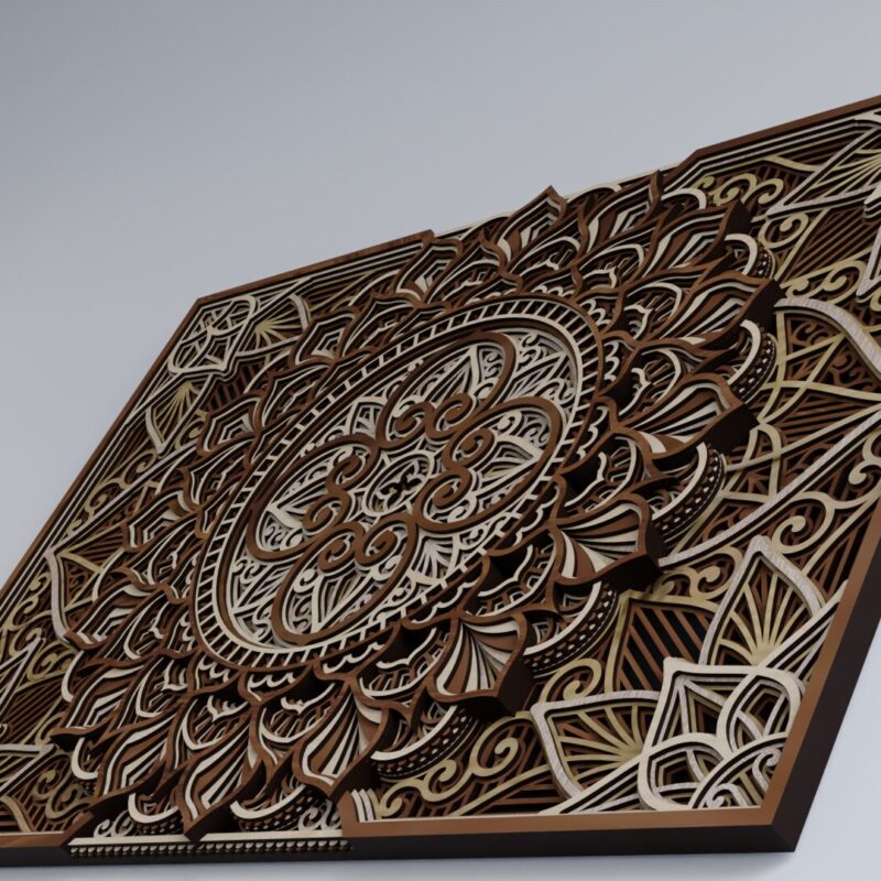 Low-angle close-up of multilayer wooden mandala wall art showing detailed carved layers and dimensional depth