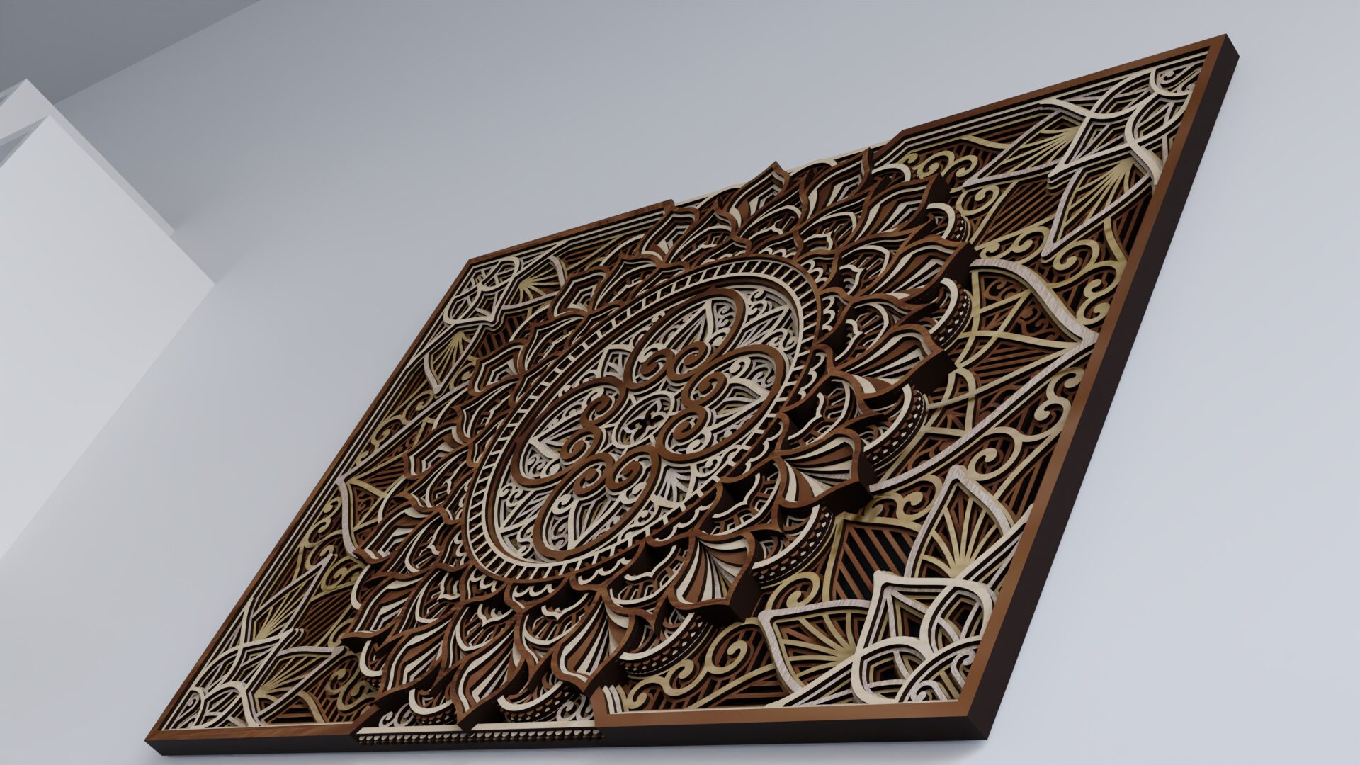 Low-angle close-up of multilayer wooden mandala wall art showing detailed carved layers and dimensional depth