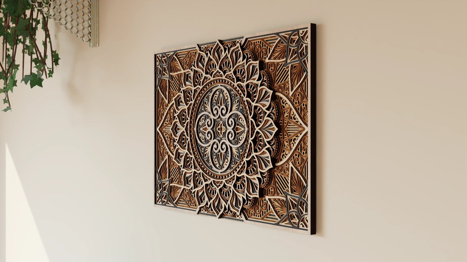 Angled side view of a multilayer wooden mandala wall decor in natural wood and black tones with detailed symmetrical carved layers