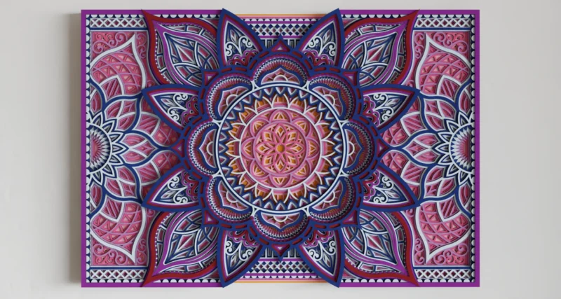 Front view of a rectangular multilayer wooden mandala wall art in pink, purple, navy, white, and black, featuring an intricate floral geometric design with layered dimensional detail