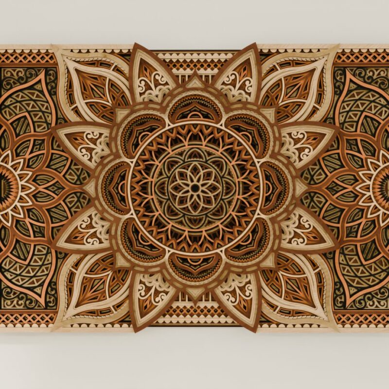 Front view of multilayer wooden mandala wall art showing intricate layered floral and geometric details in warm natural tones.