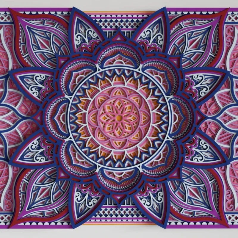 Front view of a rectangular multilayer wooden mandala wall art in pink, purple, navy, white, and black, featuring an intricate floral geometric design with layered dimensional detail