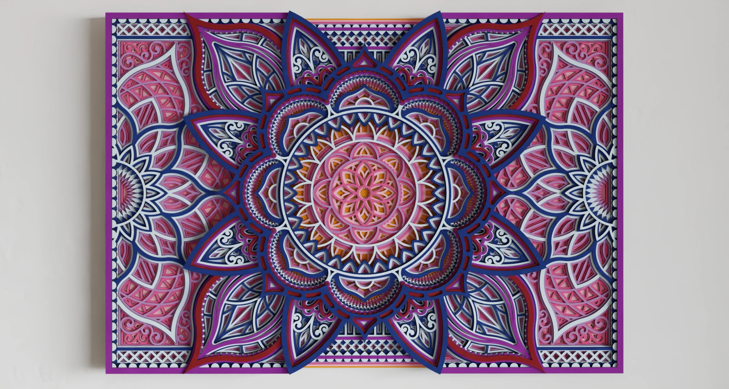 Front view of a rectangular multilayer wooden mandala wall art in pink, purple, navy, white, and black, featuring an intricate floral geometric design with layered dimensional detail