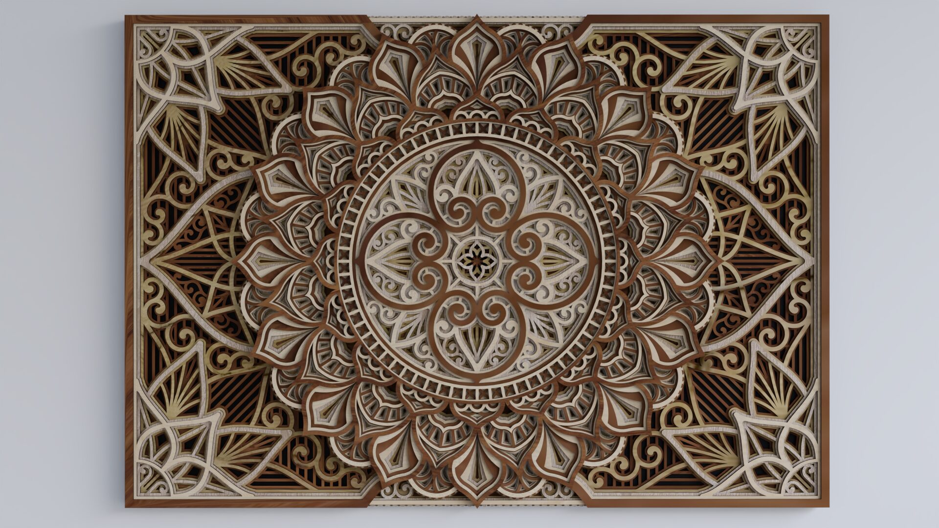 Front-facing close-up of multilayer wooden mandala wall art with intricate carved floral and geometric details