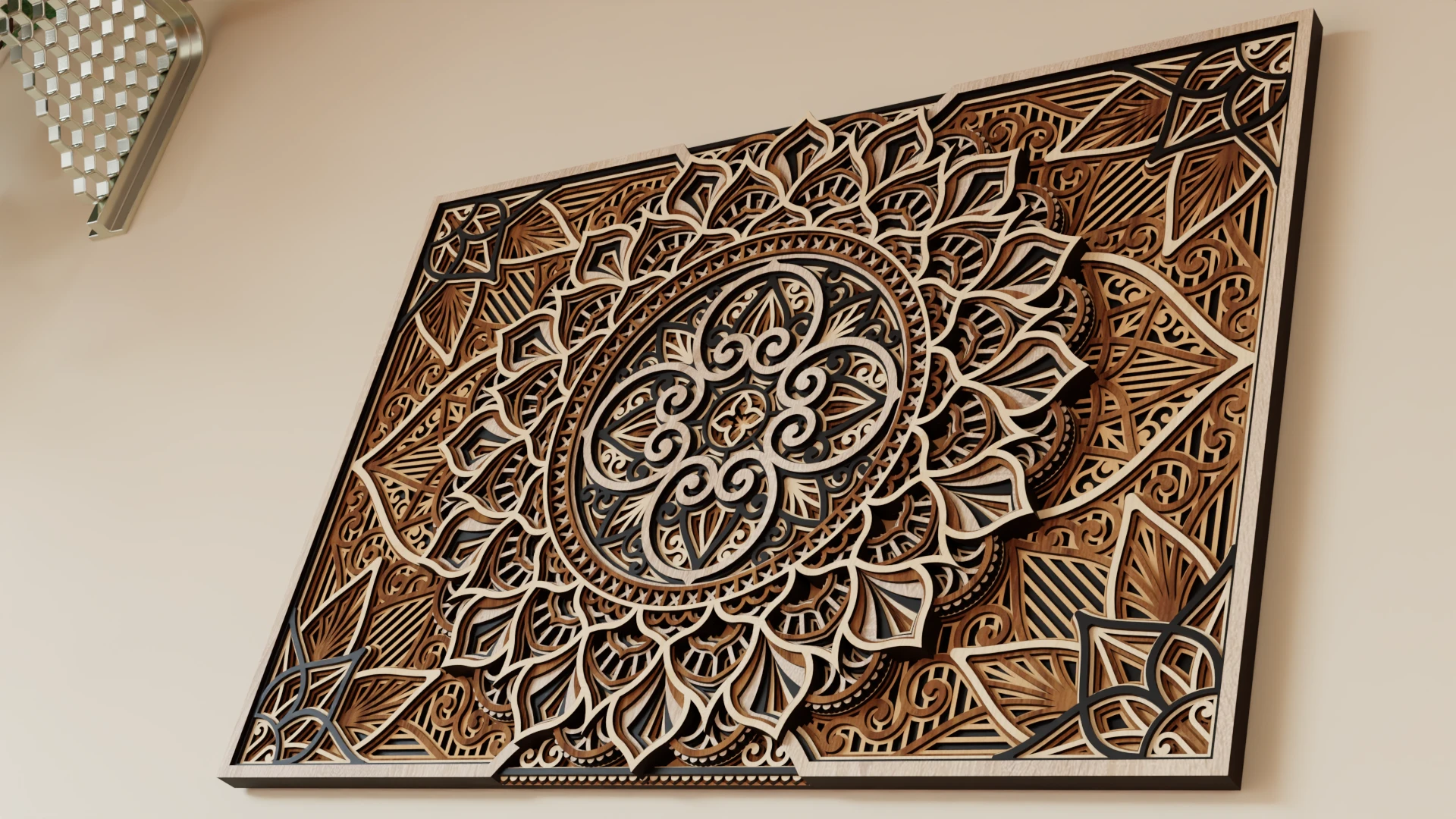 Close angled view of a multilayer wooden mandala wall decor in natural wood and black tones with detailed symmetrical carved layers